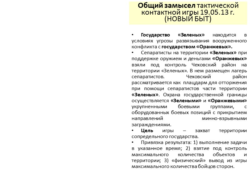 Общий замысел тактической контактной игры 19.05.13 г. (НОВЫЙ БЫТ) Государство «Зеленых» находится в условиях